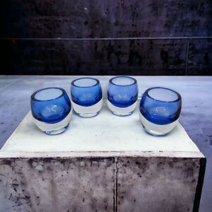Set Of 4 Crate and Barrel Diva Votive Cobalt Blue Art Glass Candle Holder Poland